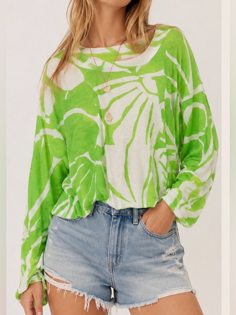 Free People Inspire t-shirt - Green White Floral Long-Sleeve Top- Size Small NWT